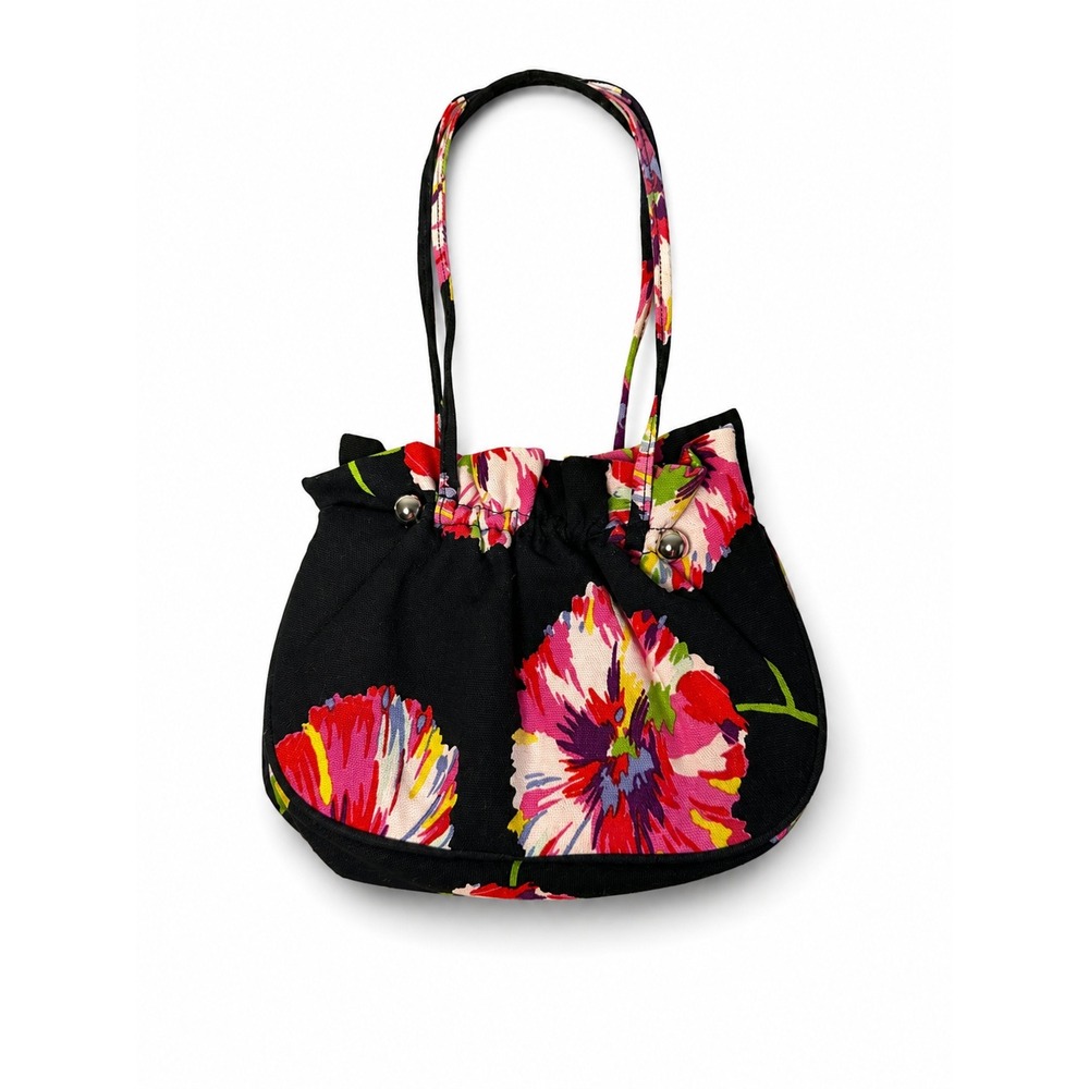 Lulu Guinness Floral Canvas Kiss Lock Mini Handbag Black Pink Cotton‎ Purse